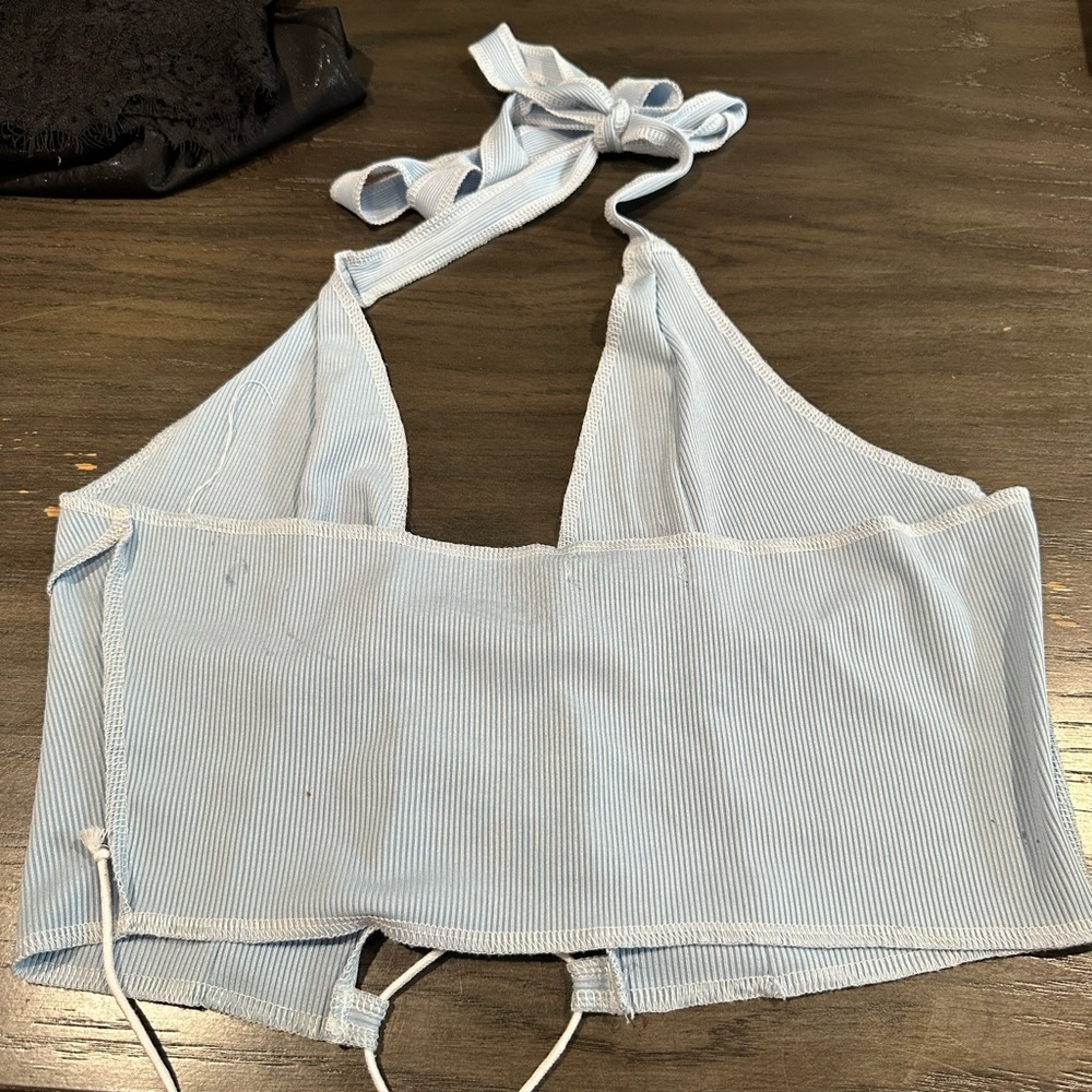 Light blue tie front halter crop top